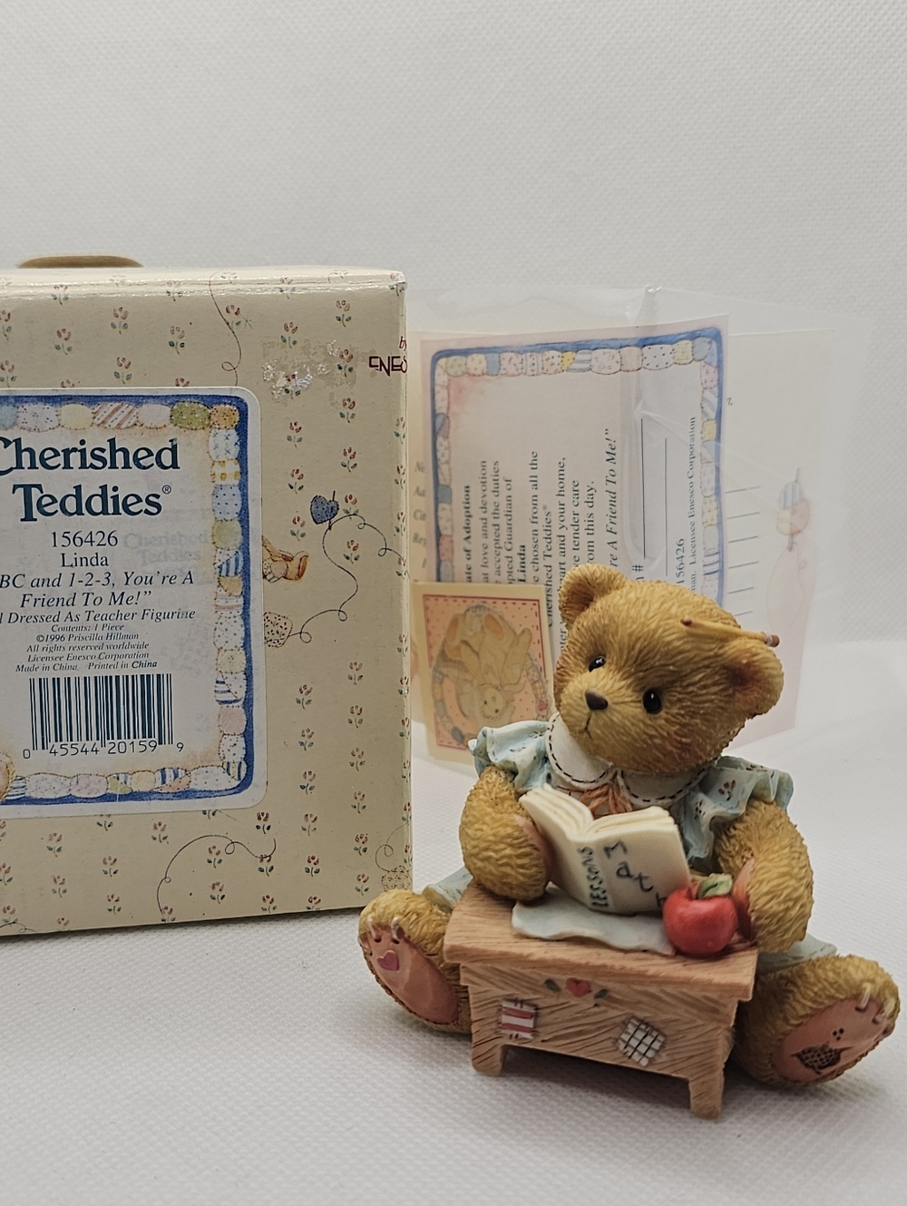 New 1996 Cherished Teddies Linda teacher figurine ABC friend GIRL dressMINT CO